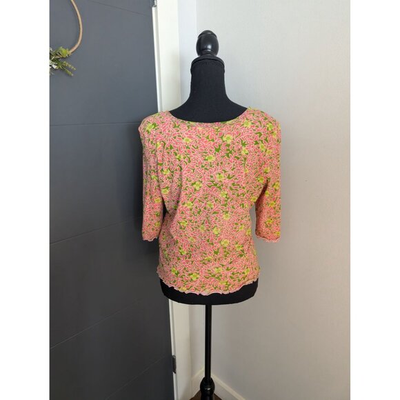 Sigrid Olsen Pink & Green Layered Mesh Lettuce Hem Floral Top - Petite L - Picture 3 of 10